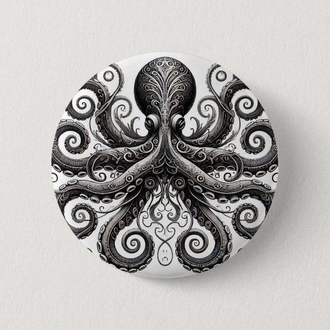 Bóton Redondo 5.08cm Ornamentado de Octopus Kraken Steampunk Black (Frente)