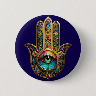 Bóton Redondo 5.08cm Ornato Hamsa Colorido Dourado Olho Terceiro Verde 