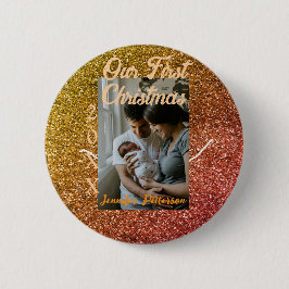 Bóton Redondo 5.08cm Our first Christmas orange red glitter photo year