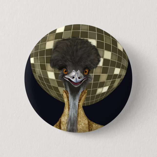 Bóton Redondo 5.08cm Ouro Funny Retro Disco Ball Emu Bird (Frente)