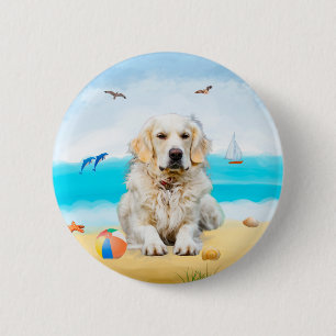 Bóton Redondo 5.08cm Ouro Retriever Dog na praia