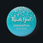 Bóton Redondo 5.08cm Ouros brilham obrigado verde azul-lacrimejo<br><div class="desc">Brilhante azul verde-lacrimejante cor verde-lacrimejante com borrifo de diamante sujo. Com o texto: Obrigado! Modelos para um nome e uma data. Data de nascimento ou data da festa/aniversário. Cartas brancas. Para uma festa de aniversário,  chá de fraldas ou chá de panela.</div>