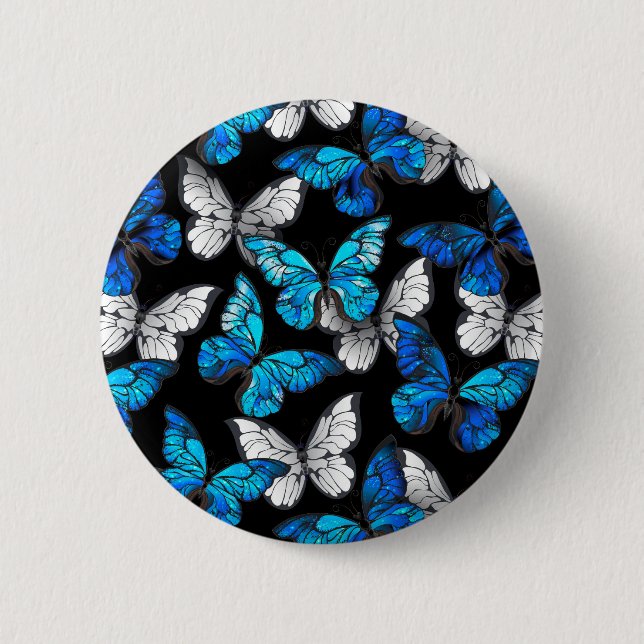 Bóton Redondo 5.08cm Padrão contínuo escuro com borboletas azuis Morpho (Frente)