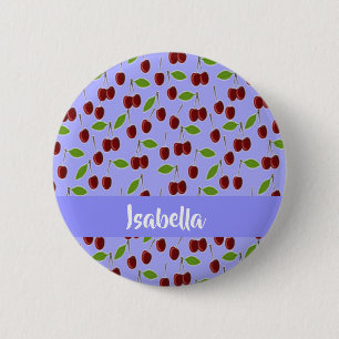 Bóton Redondo 5.08cm Padrão de cerejas de nome personalizado azul