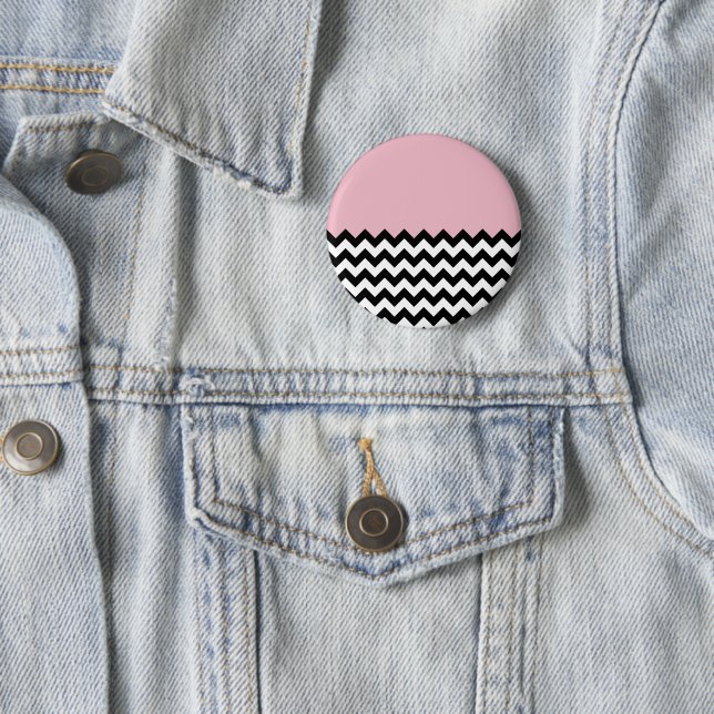 Bóton Redondo 5.08cm Padrão de ziguezague preto e branco, Chevron, rosa (In Situ)