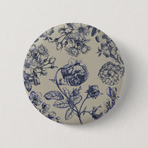 Bóton Redondo 5.08cm Padrão Floral Botânico Toile Azul Vintage