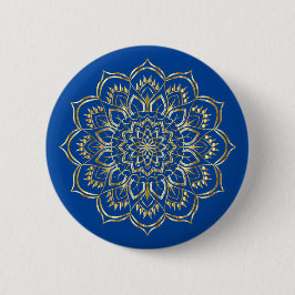 Bóton Redondo 5.08cm Padrão Floral de Mandala Azul e Dourado Elegante