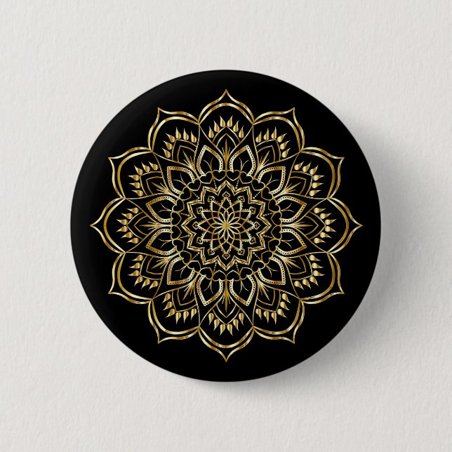 Bóton Redondo 5.08cm Padrão Floral de Mandala Preto e Dourado Elegante (Frente)