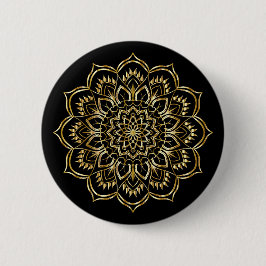 Bóton Redondo 5.08cm Padrão Floral de Mandala Preto e Dourado Elegante