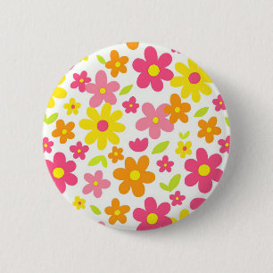 Bóton Redondo 5.08cm Padrão Floral de Verão Brilhante Rosa e Amarelo Re