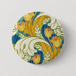 Bóton Redondo 5.08cm Padrão Floral Verde Dourado Azul da Tulip Vintage 