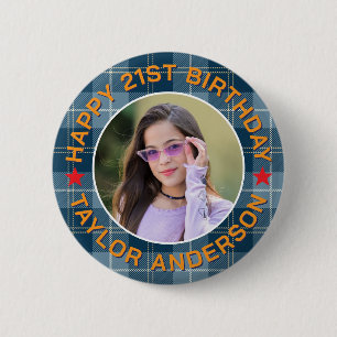Bóton Redondo 5.08cm Padrão Xadrez de Foto Personalizada Aniversário Fe