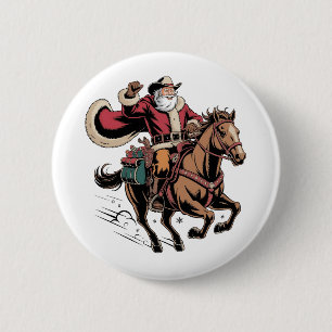 Bóton Redondo 5.08cm Papai Noel Cowboy Montado a Cavalo Natal 