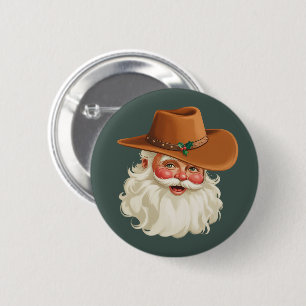Bóton Redondo 5.08cm Papai Noel Cowboy Vintage Divertido Western Retrô