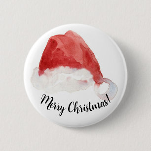 Bóton Redondo 5.08cm Papais noeis Hat Merry Christmas Red Watercolor