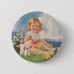 Bóton Redondo 5.08cm Páscoa do vintage, menina com o cordeiro dos