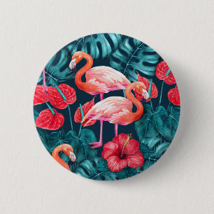 Bóton Redondo 5.08cm Pássaros Flamingo e aquarela de jardim tropical