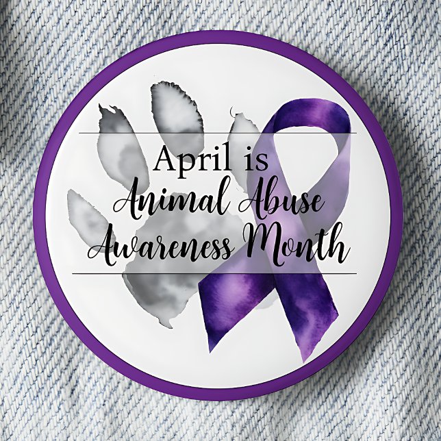 Bóton Redondo 5.08cm Paw Imprime abril animal Abuso Mês de Consciência (April is Animal Abuse Awareness Month.  Paw print with purple awareness ribbon pinback button.)