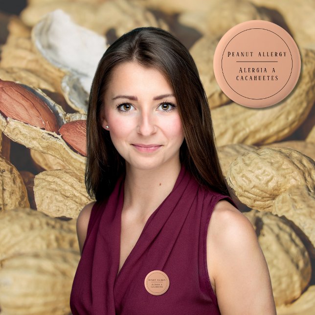 Bóton Redondo 5.08cm Peach Bilingual Peanut Alergia Alerta Espanhol (Bilingual Peanut allergy warning button, Spanish text, editable. multilingual project)