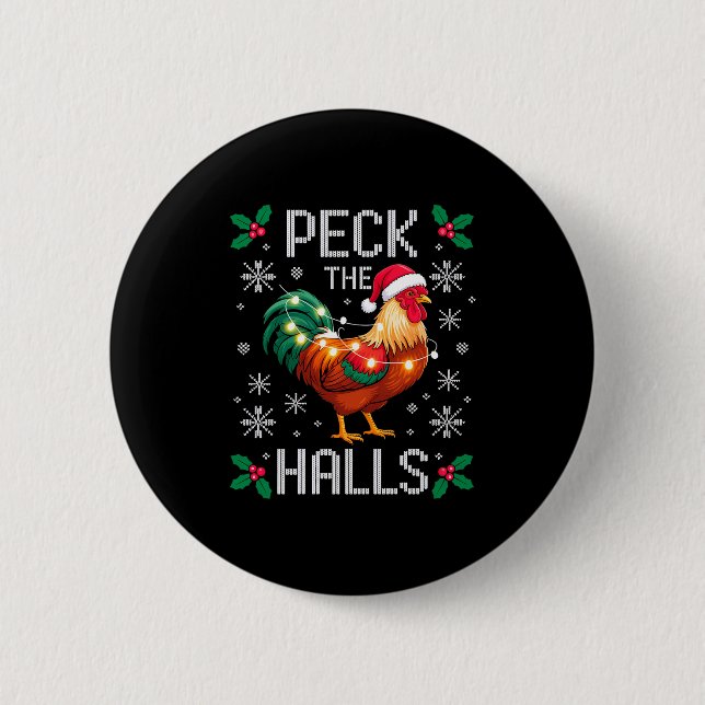 Bóton Redondo 5.08cm Peck The Halls Chicken Christmas Lights Snowflakes (Frente)