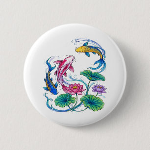 Bóton Redondo 5.08cm Peixe Koi Japonês Mandala de Lótus Estilo Tradicio