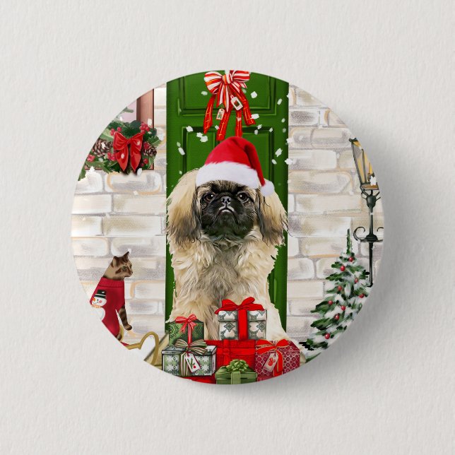 Bóton Redondo 5.08cm Pekingese Dog Christmas (Frente)
