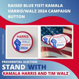 Bóton Redondo 5.08cm Pele Azul Levantado! Campanha Kamala Harris/Walz 2