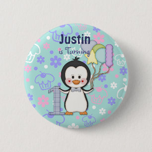 Bóton Redondo 5.08cm Penguin Cutie - Menino Primeiro Aniversário
