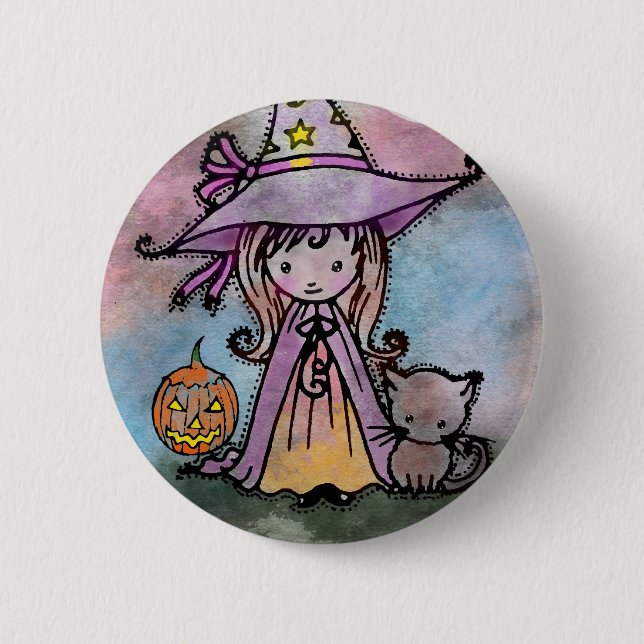 Bóton Redondo 5.08cm Pequena Bruxa e Gato Halloween Pinback Button (Frente)