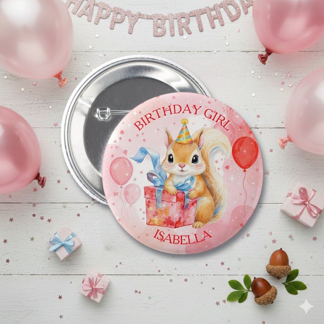 Bóton Redondo 5.08cm Personalized Birthday Girl's Squirrel Pink and Red (Criador carregado)