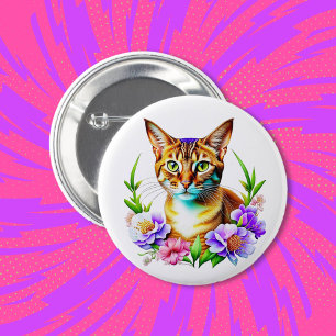 Bóton Redondo 5.08cm Pétalas e Gato Puro e Flores Bonito