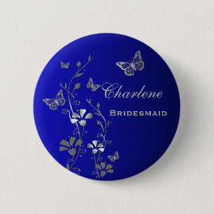 Bóton Redondo 5.08cm Pin floral da dama de honra da borboleta azul e de