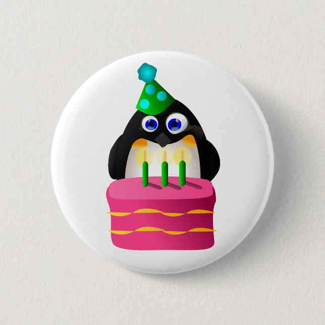 Bóton Redondo 5.08cm Pinguim do aniversário com bolo (Frente)
