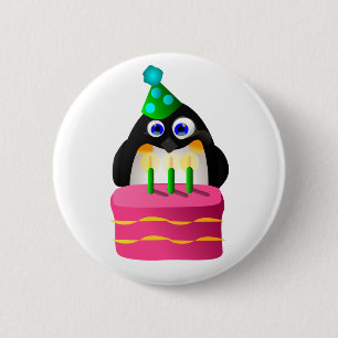 Bóton Redondo 5.08cm Pinguim do aniversário com bolo