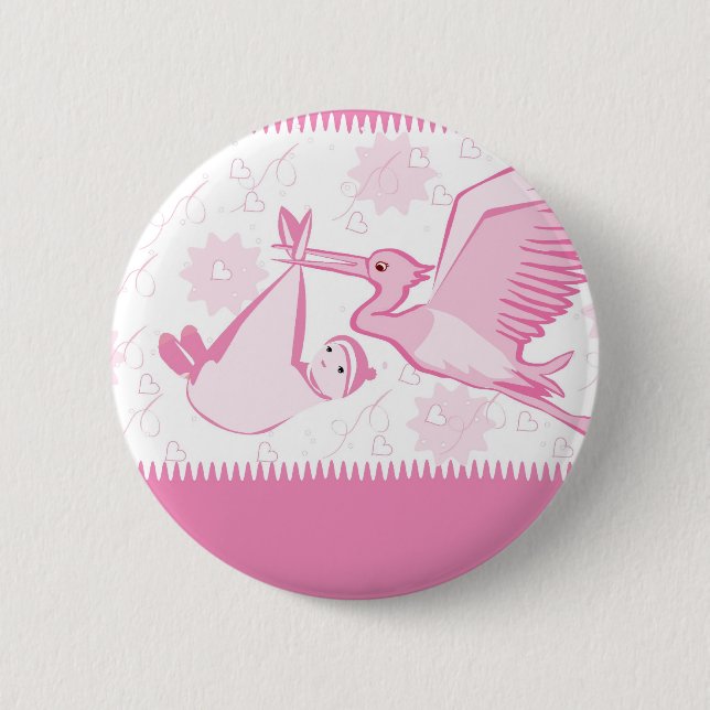 Bóton Redondo 5.08cm Pink Stork com Botão Bebê (Frente)