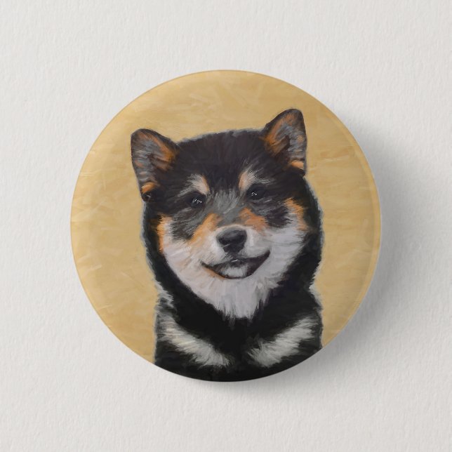 Bóton Redondo 5.08cm Pintura de Shiba Inu (Preto e Latão) - Arte Canina (Frente)