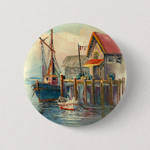 Bóton Redondo 5.08cm Pintura de um barco amarrado a um cais