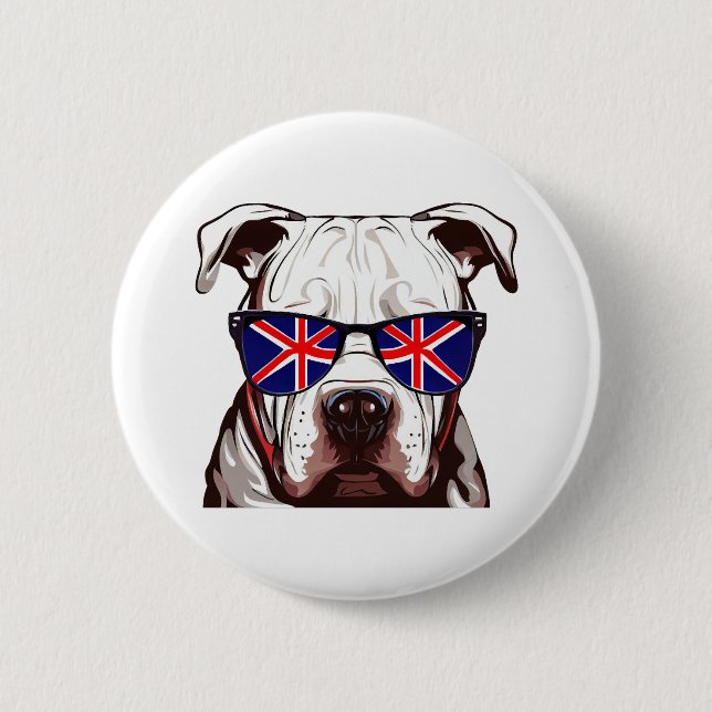 Bóton Redondo 5.08cm Pitbull Vestindo os óculos de sol da Union Jack (Frente)