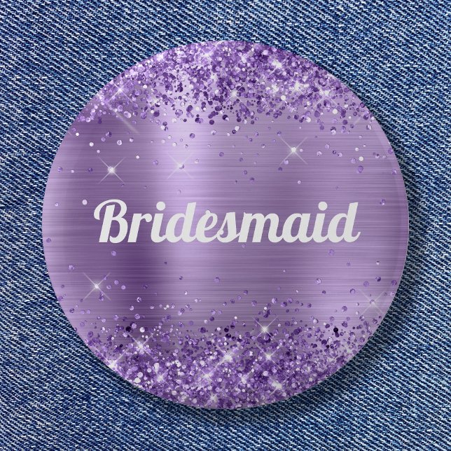 Bóton Redondo 5.08cm Ponta-De-Folha Púrpura Leve (Glittery Light Purple Foil Bridesmaid Button)