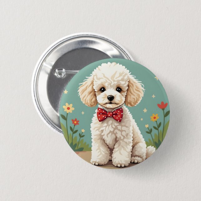Bóton Redondo 5.08cm Poodle branco adorável com gravata borboleta (Frente & Verso)