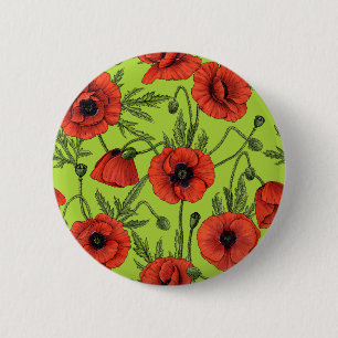 Bóton Redondo 5.08cm Poppies, vermelhos e verdes no verde limão