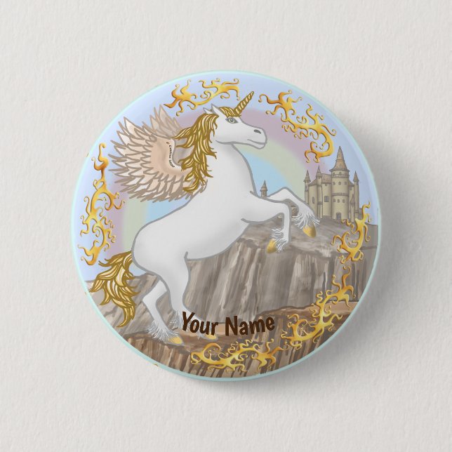 Bóton Redondo 5.08cm Prendedor de Unicórnio Pegasus Castelo (Frente)