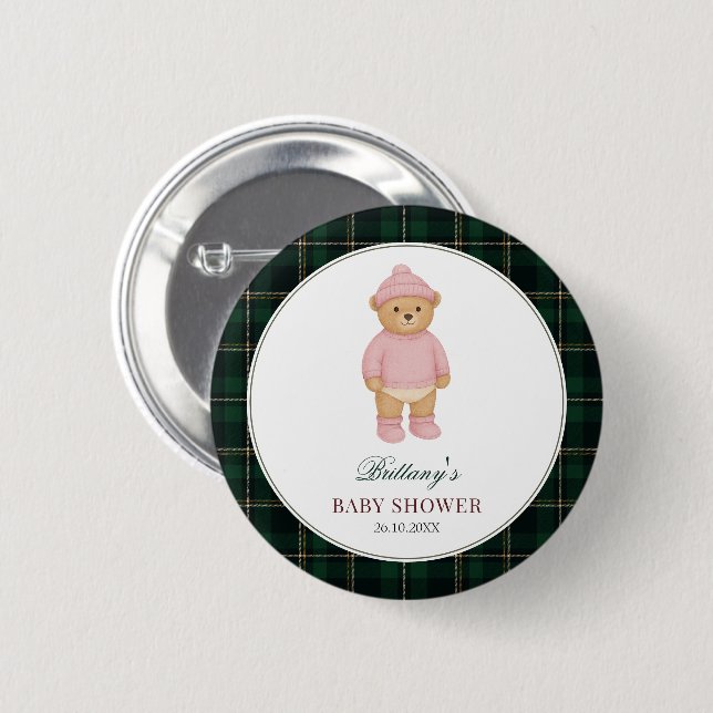 Bóton Redondo 5.08cm Preppy Bear Green Plaid Baby Shower Button (Frente & Verso)