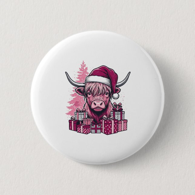 Bóton Redondo 5.08cm Presentes de Natal da Vaca das Terras Altas Rosa A (Frente)