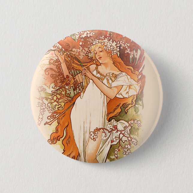 Bóton Redondo 5.08cm Primavera - Alphonse Mucha Art Nouveau (Frente)