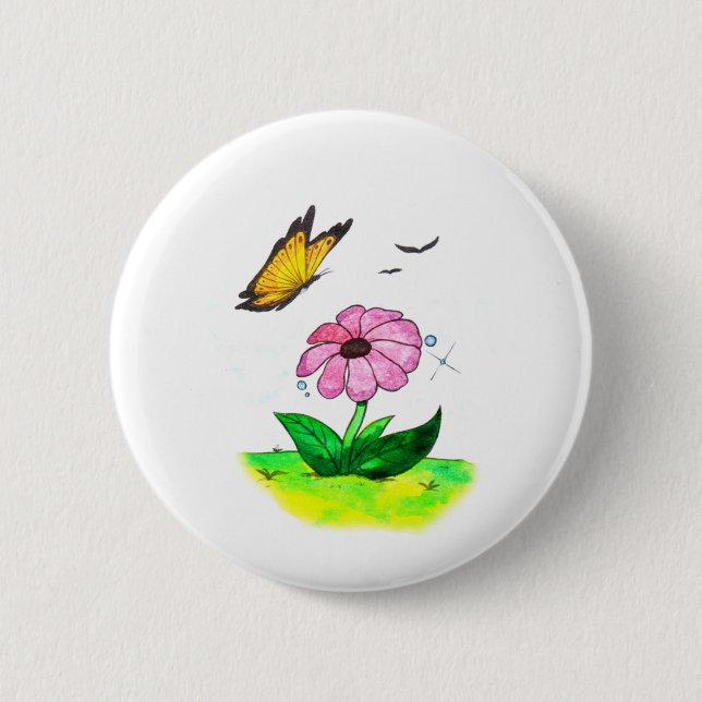 Bóton Redondo 5.08cm primavera de arte aquosa e borboleta voadora (Frente)