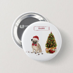Bóton Redondo 5.08cm Pug Engraçado Cachorro de Natal Engraçado com Árvo