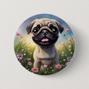 Bóton Redondo 5.08cm Pug Flowers