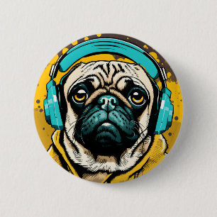 Bóton Redondo 5.08cm Pug vestindo fones de ouvido