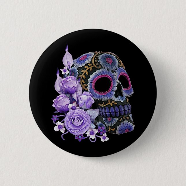 Bóton Redondo 5.08cm Purple Floral Black Sugar Skull Dia Dos Mortos (Frente)